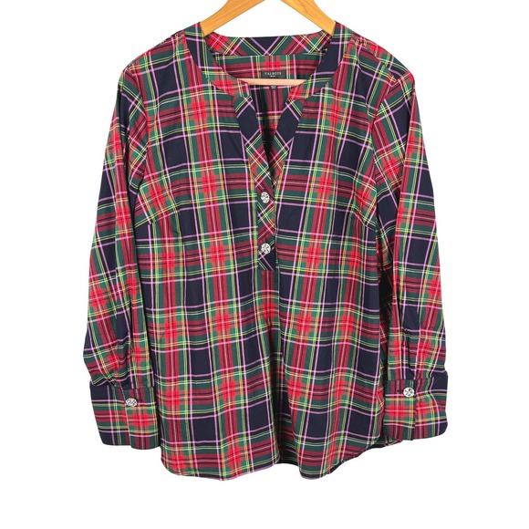 Talbots Tops - Talbots Women Long Sleeve Cotton Popover Blouse LP Red Festive Holidays Plaid